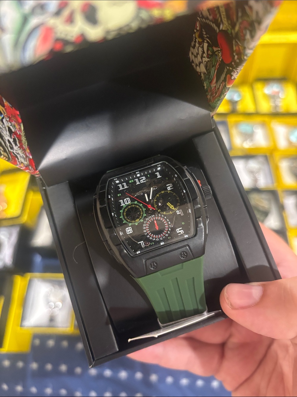 Men's Black Case Watch with Green Strap - Sport Chronograph style